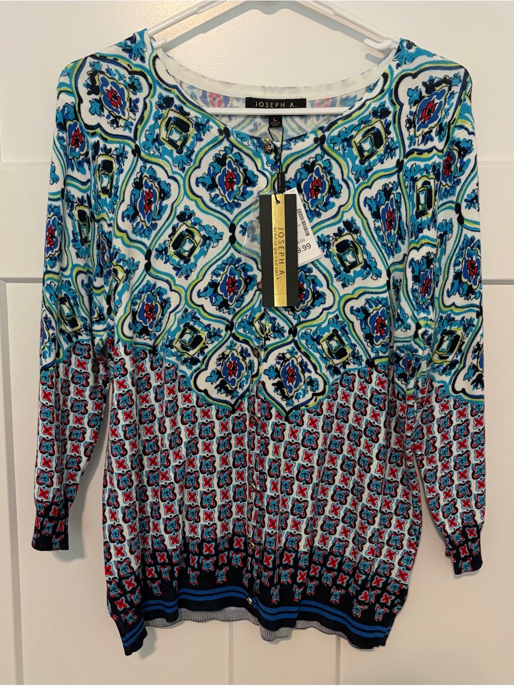 Joseph A. Blue Venetian Tile Lightweight button-Down Cardigan Sweater Sz Large